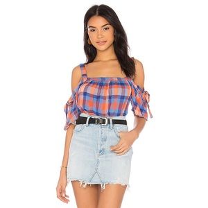 Sanctuary Dawn Checked Cold Shoulder Crinkle Top